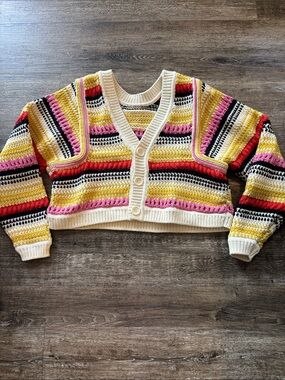 ba&sh Cropped Multicolor Striped Cardigan - Cream, Yellow, Pink, Red & Black